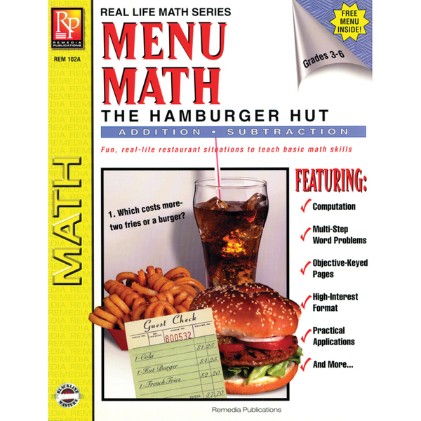 Remedia Publications Menu Math, The Hamburger Hut Book, Addition And Subtraction 102A